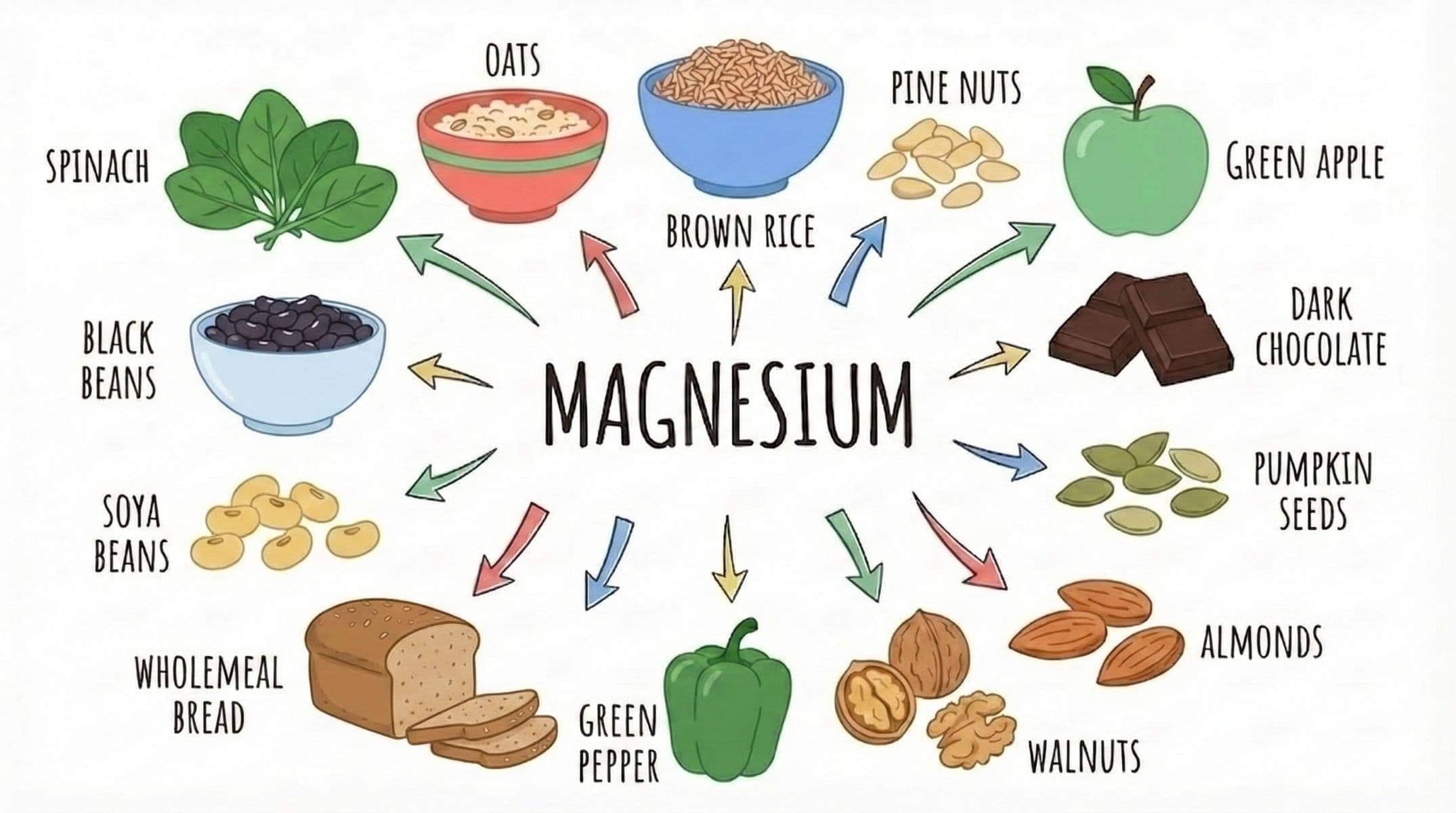 Illustrated infographic showing magnesium rich foods including spinach, oats, brown rice, nuts and seeds