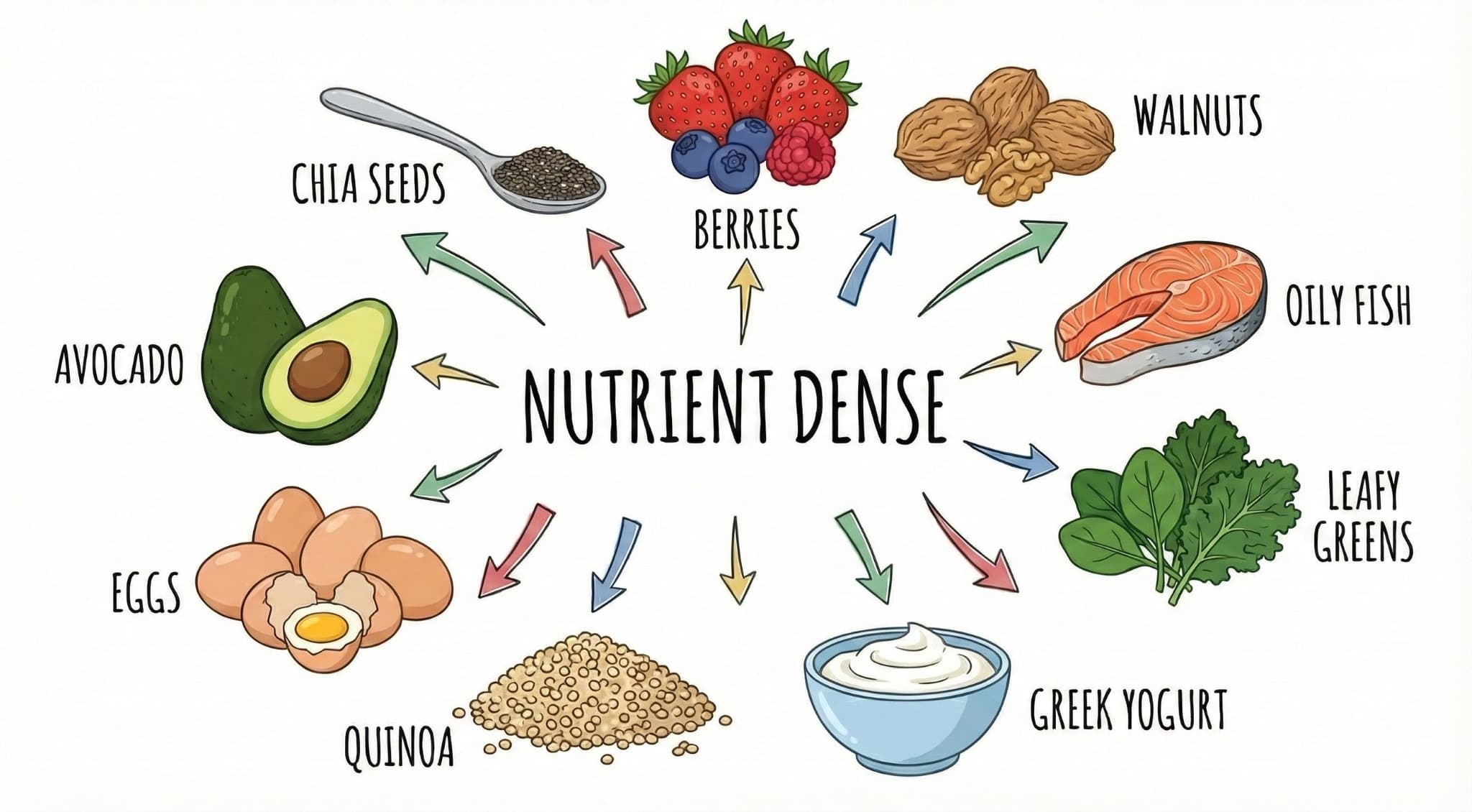 Nutrient dense foods including eggs, berries, and vegetables