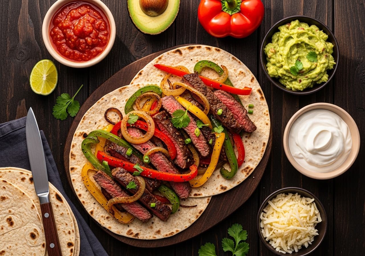 Colourful presentation of steak fajitas